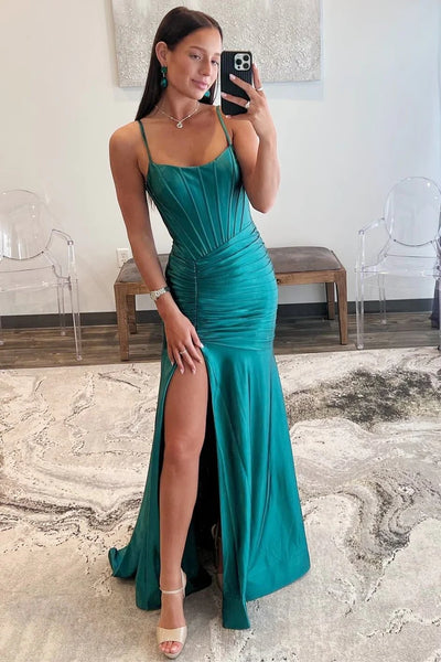 Emerald Spaghetti Strap Trumpet Pleated Maxi Dress with Slit MD122906