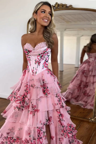 Fashion A Line Sweetheart Floral Printed Chiffon Tiered Prom Dress DM24122403