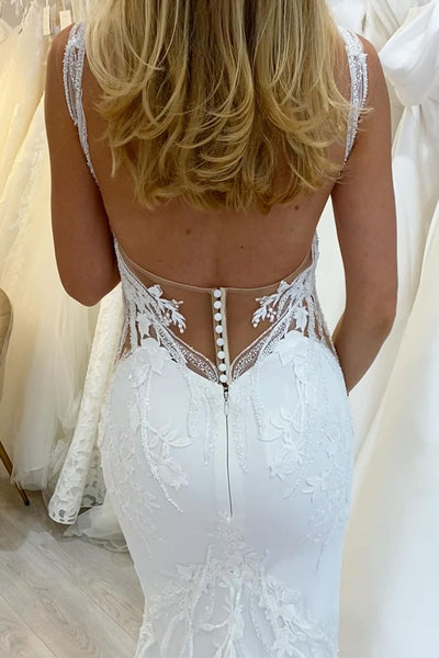 Exquisite V Neck Satin Mermaid Wedding Dresses with Appliques MD4062701