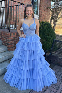 Blue Sweetheart Tiered Tulle Long Prom Dress with Appliques MD120503