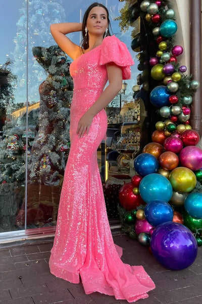 Neon Pink Sequin One-Shoulder Bow Strap Trumpet Long Prom Dress MD122307