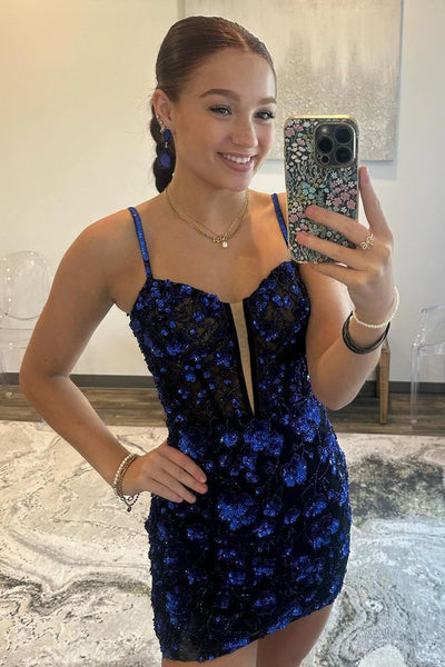 Cute Bodycon Straps Royal Blue Sequins Short Homecoming Dresses DM081705