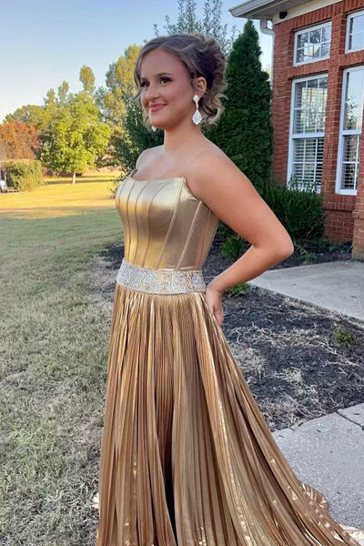 Charming A Line Strapless Gold Satin Long Prom Dresses with Beading DM24101504