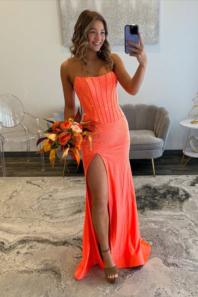 Gorgeous Mermaid Scoop Neck Orange Satin Slit Prom Dress with Hot Stone DM1111206