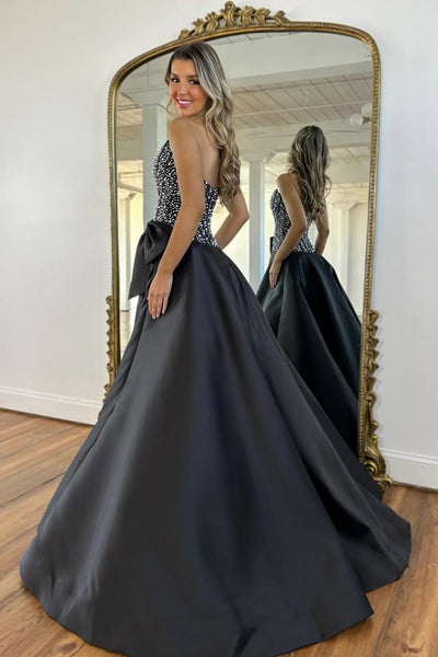 Gorgeous A Line Scoop Neck Black Satin Prom Dress with Bow DM26011705