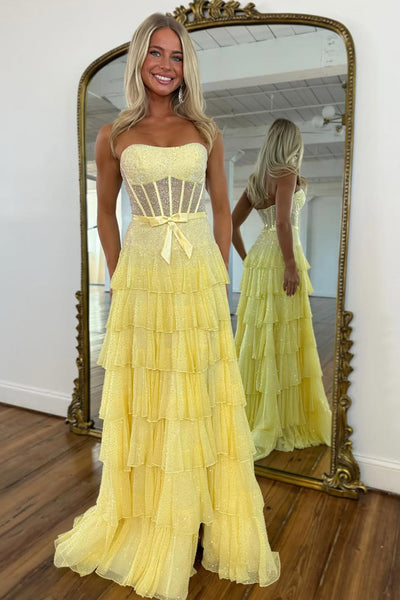 Cute A Line Strapless Light Blue Hot Fix Chiffon Tiered Prom Dress DM26011505