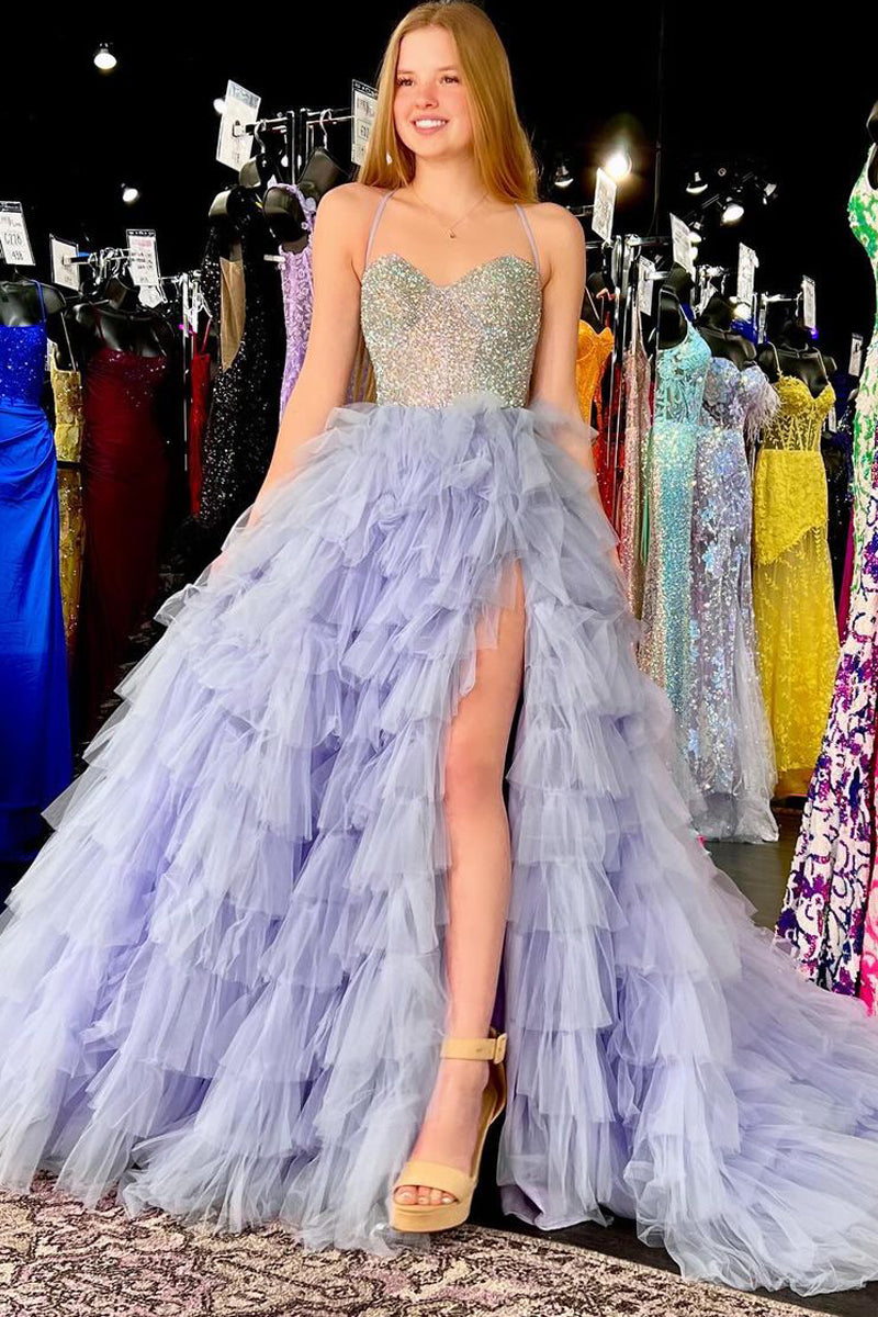 Lilac Sweetheart Ruffle Tiered Tulle Long Prom Dresses with Beads MD4011804