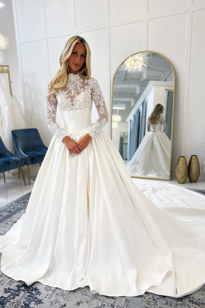 high neck satin wedding dress Gorgeous Ball Gown High Neck Satin Wedding Dress with Long Sleeves DM5 – Dressmeet