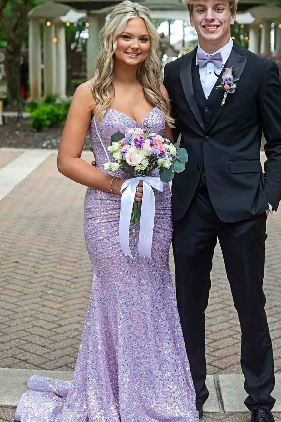 Lilac Spaghetti Straps V Neck Sequined Pleats Mermaid Long Prom Dress DM25102805