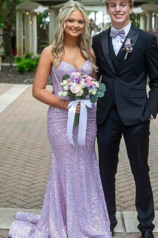 Lilac Spaghetti Straps V Neck Sequined Pleats Mermaid Long Prom Dress DM25102805