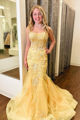 Cute Yellow Sequins Appliques Scoop Neck Mermaid Long Prom Dress MD4032202