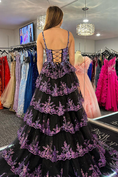 Sparkly Black Sequins Lace Ruffle Tiered Long Prom Dress MD4031304