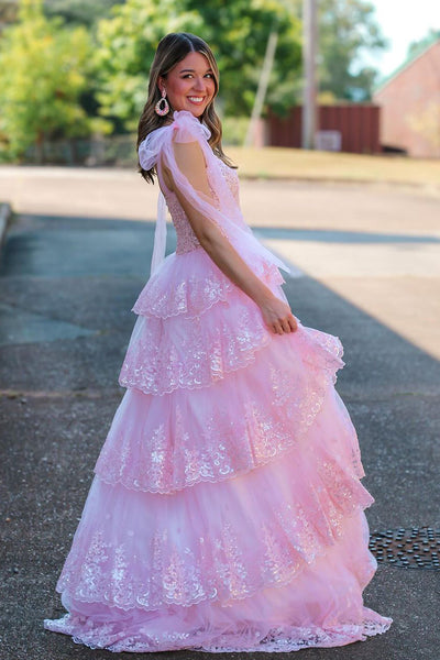 Fairy A Line V Neck Pink Tulle Prom Dresses with Appliques DM24101505