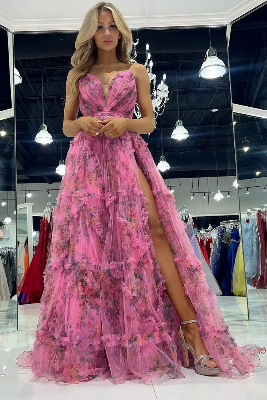 Bright Pink Print Strapless A-Line Long Dress with Slit MD110905 Dressmeet Bright Pink Print Strapless A-Line Long Dress with Slit MD110905 Dressmeet