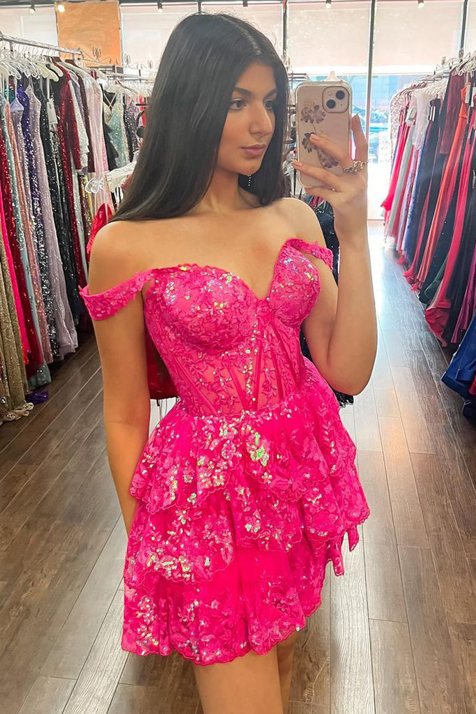 Cute A Line V Neck Hot Pink Tulle Short Homecoming Dress with Sequins MD090206 Dressmeet Cute A Line V Neck Hot Pink Tulle Short Homecoming Dress with Sequins MD090206 Dressmeet