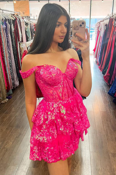 Cute A Line V Neck Hot Pink Tulle Short Homecoming Dress with Sequins MD090206