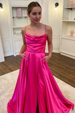 Hot Pink Satin Cowl Neck A-Line Long Prom Dress MD092704