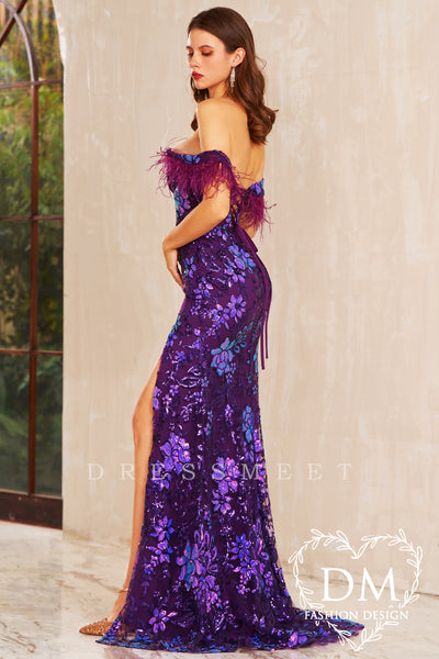Grape Sequin Lace Off the Shoulder Mermaid Long Prom Dress MD122409