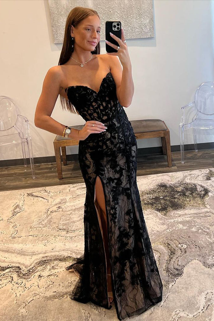 black lace prom dress High Neck Two-piece Black Lace & Satin Prom Dress