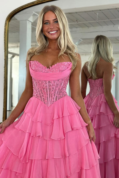 A Line Sweetheart Chiffon Tiered Slit Prom Dress with Appliques DM15010501