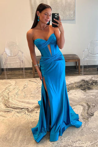 Strapless Blue Satin Keyhole Mermaid Satin Long Prom Dresses with Slit MD4010507