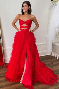 A-Line Sweetheart Red Ruffle Tulle Long Prom Dresses MD4011401