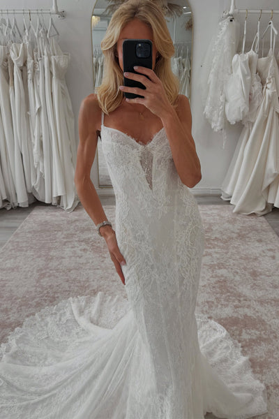 Gorgeous Mermaid V Neck White Lace Wedding Dresses with Train DM26103005