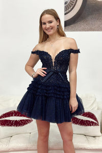 Cute A Line Off the Shoulder Dark Navy Tulle Short Homecoming Dress MD090602