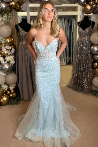 Light Blue Floral Appliques V-Neck Lace-Up Long Gown MD111803