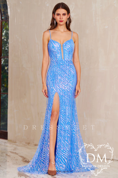 Blue Cold Shoulder Sequins Lace Long Prom Dress with Fringe MD122002