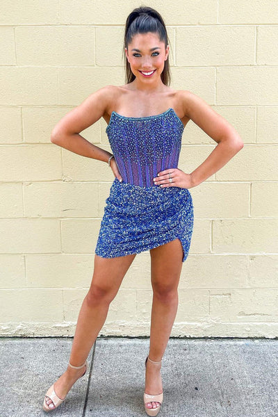 Strapless Periwinkle Beaded Bodycon Homecoming Dress MD091601