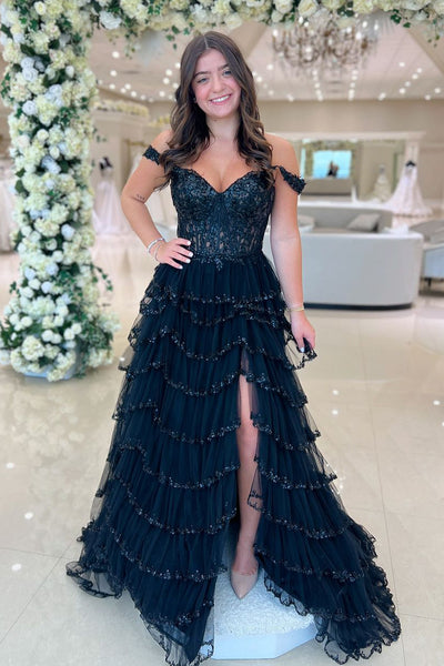 Cute A Line Sweetheart Black Tulle Prom Dresses with Beading MD24092207