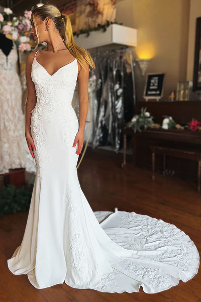 Exquisite Mermaid V Neck Satin Appliques Wedding Dresses MD4062320