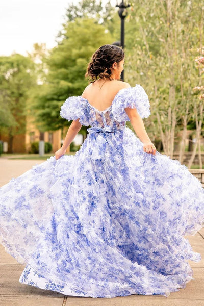 Blue Off the Shoulder Ruffle Tiered Floral Printed Prom Dress MD4050601