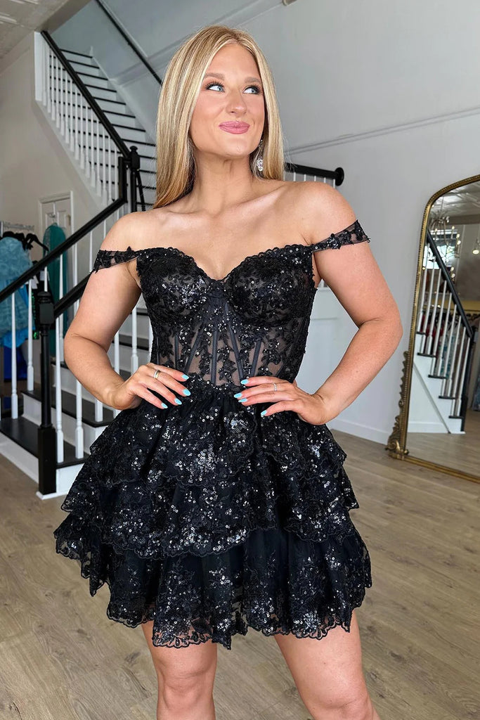 Sparkly Black Corset Tiered Lace A-Line Short Homecoming Dress MD082907 Dressmeet Sparkly Black Corset Tiered Lace A-Line Short Homecoming Dress MD082907 Dressmeet