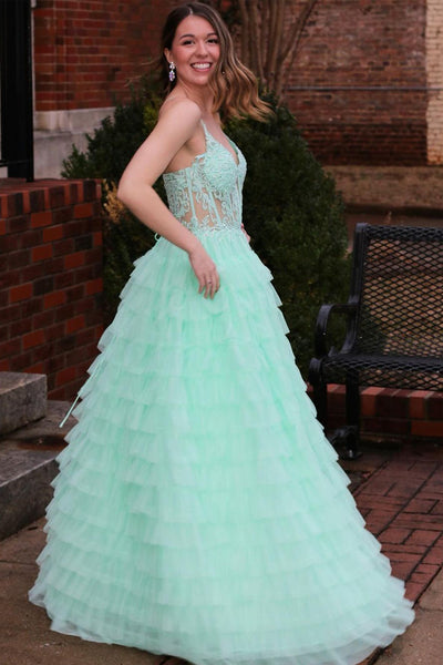 Mint Spaghetti Straps Tiered Tulle Long Prom Dress with Appliques MD120506