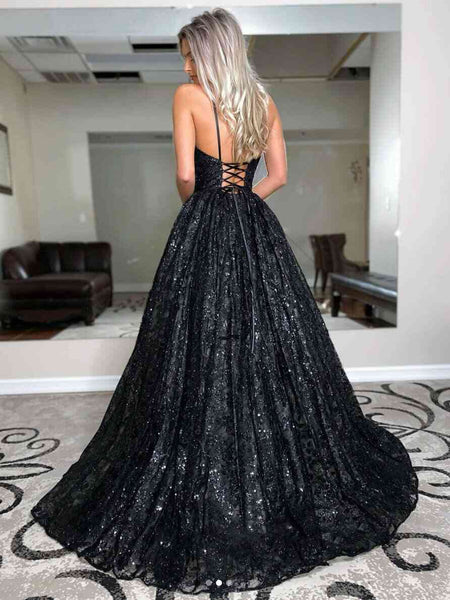 A-Line Spaghetti Straps Black Sequin Long Prom Dress MD121806
