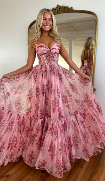 A Line Sweetheart Pink Floral Chiffon Long Prom Dress DM020602