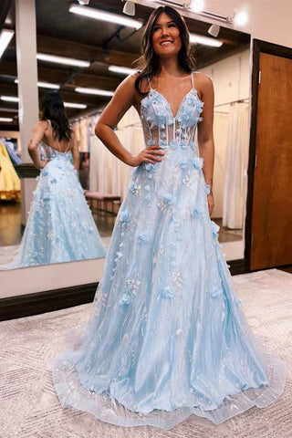 Princess Light Blue 3D Floral Lace V-Neck A-Line Long Prom Dress MD093007