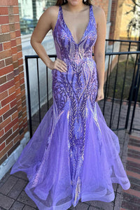 Purple Sequin Lace V Neck Mermaid Long Prom Dresses MD112106