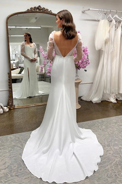 Simple White Satin Long Sleeves Wedding Dresses MD4030501