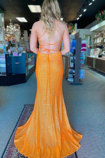 Orange V Neck Sequin Long Mermaid Prom Dress with Slit MD4022304