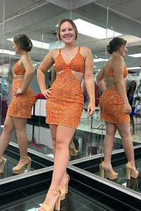 Orange Sequins V Neck Tight Short Homecoming Dresses DM24080502