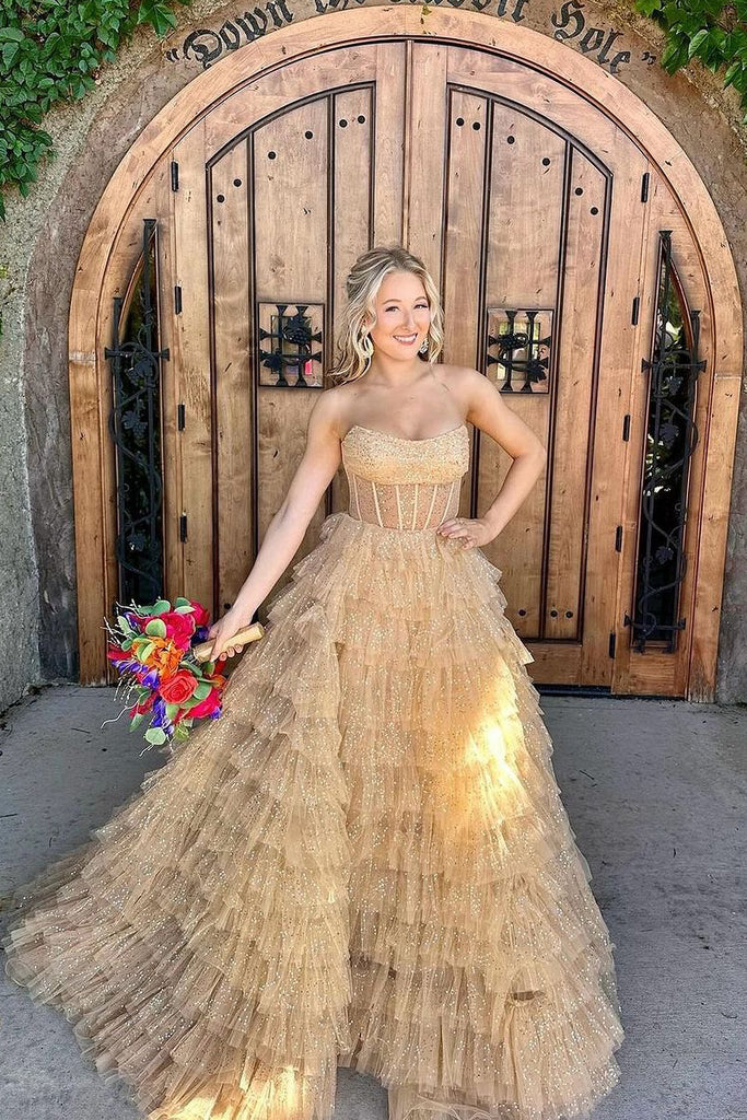Ball Gown Strapless Gold Tiered Tulle Long Prom Dress MD4053002 Dressmeet Ball Gown Strapless Gold Tiered Tulle Long Prom Dress MD4053002 Dressmeet