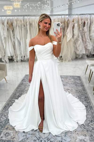 A Line Off the Shoulder White Satin Wedding Dresses with Slit DM050204