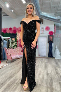 Off the Shoulder Black Sequins Hight Slit Prom Gown MD121803