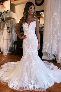 Gorgeous Mermaid V Neck White Tulle Lace Wedding Dresses LDWD3070305
