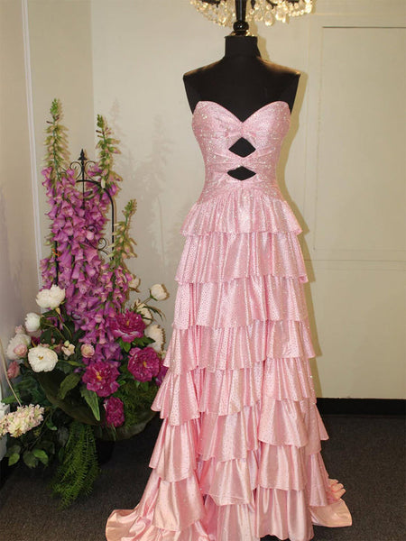 Gorgeous Sweetheart Daffodil Tiered Hot Fix Satin Prom Dress with Slit DM52102708
