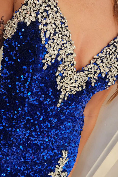 Mermaid Strapless Royal Blue Sequins Long Prom Dress with Beading MD4030802