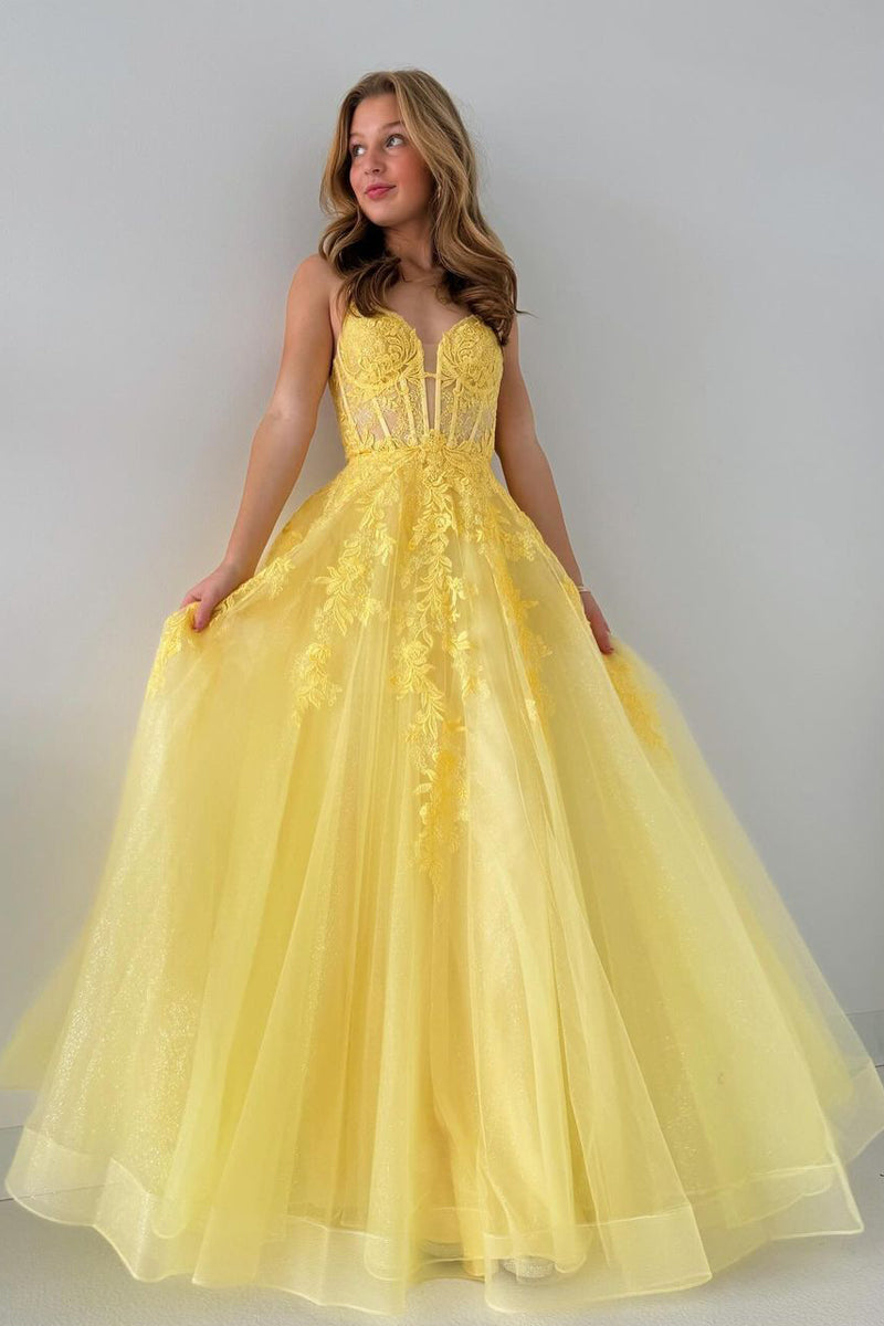 Yellow Spaghetti Straps Tulle Long Prom Dresses with Appliques MD4011601